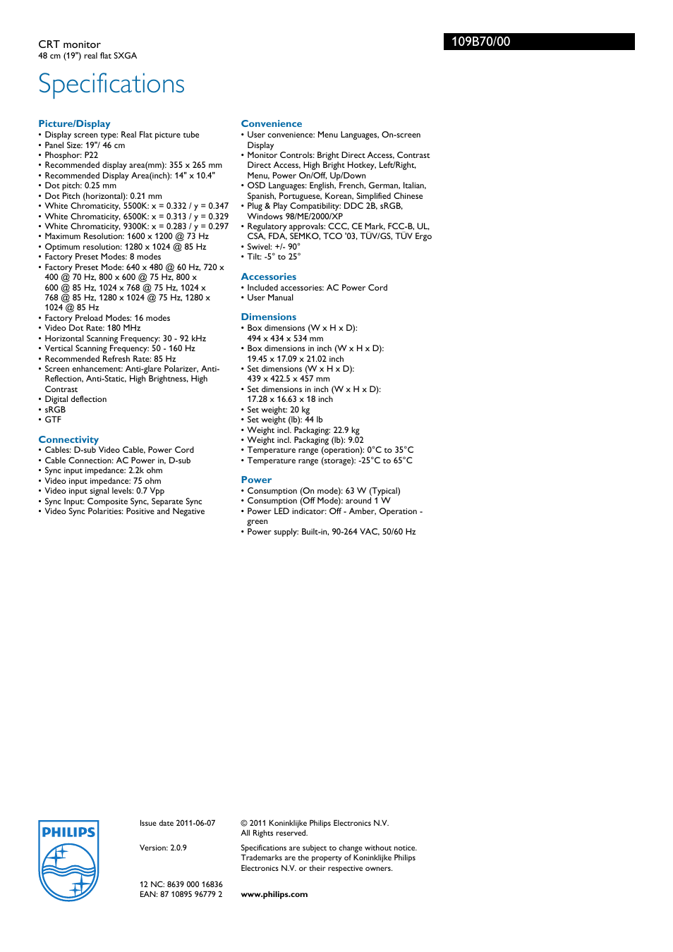 Specifications | Philips 109B70 User Manual | Page 3 / 3