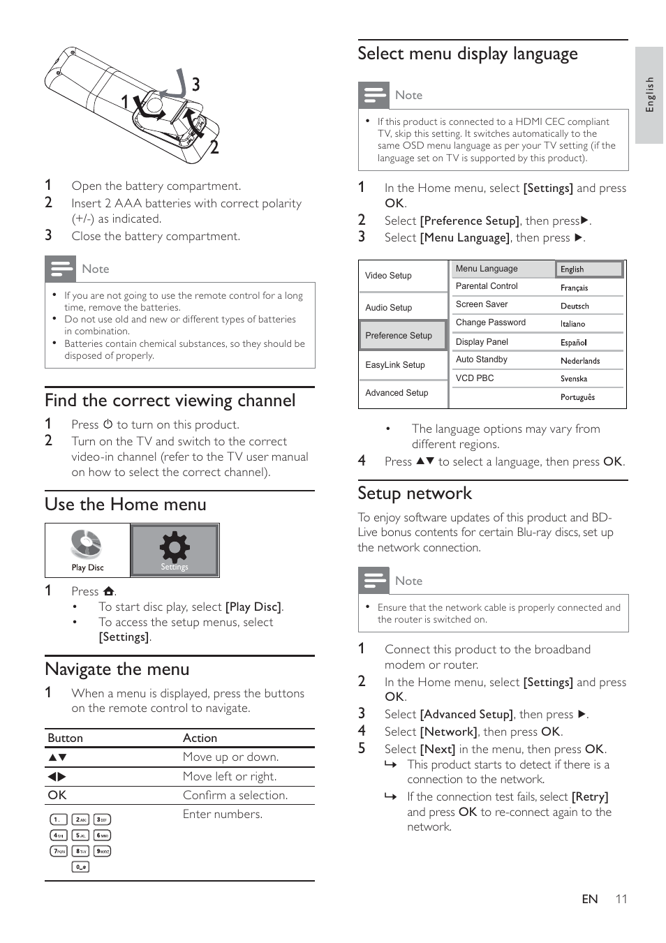 Select menu display language, Setup network, Find the correct viewing channel | Use the home menu, Navigate the menu | Philips BDP3008 User Manual | Page 10 / 30