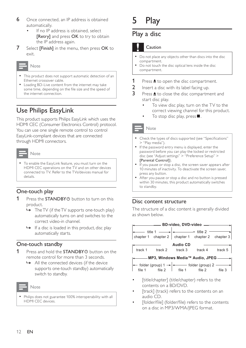 5 play, Play a disc, Use philips easylink | Disc content structure, One-touch play 1, One-touch standby 1 | Philips BDP3008 User Manual | Page 11 / 30