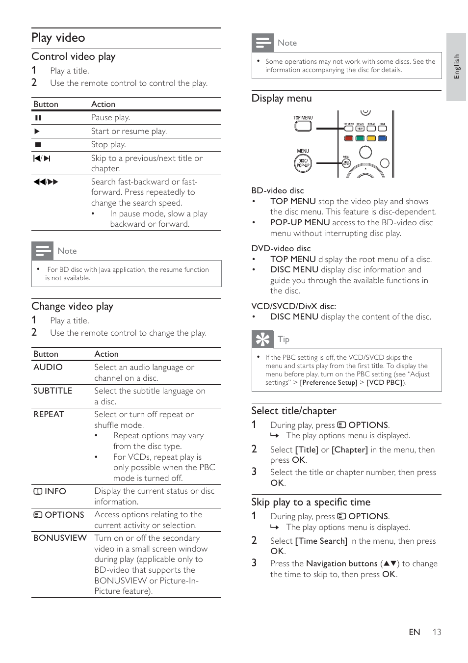 Play video, Display menu, Select title/chapter 1 | Skip play to a speciﬁ c time 1, Control video play 1, Change video play 1 | Philips BDP3008 User Manual | Page 12 / 30