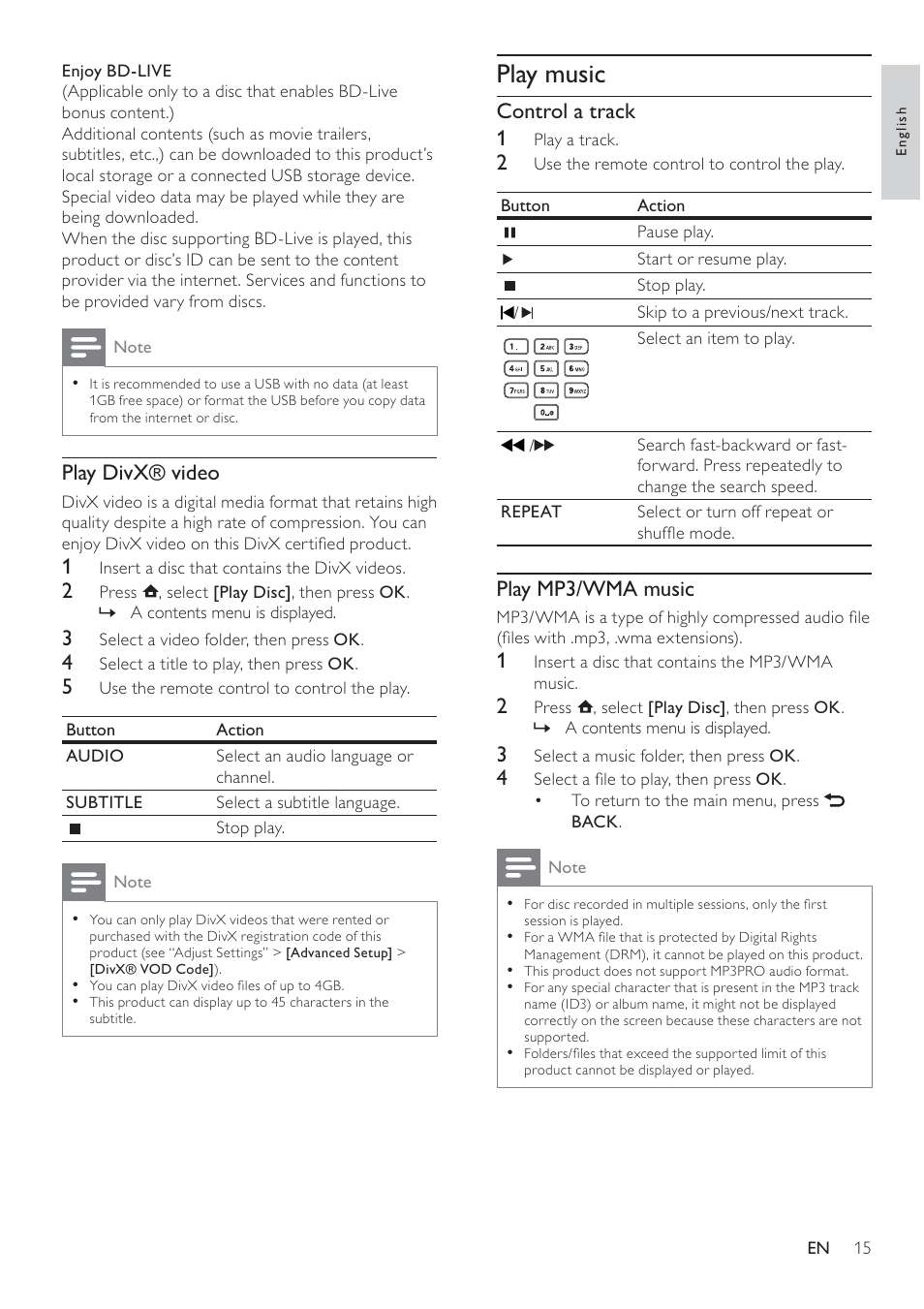 Play music, Control a track 1, Play mp3/wma music | Play divx® video | Philips BDP3008 User Manual | Page 14 / 30