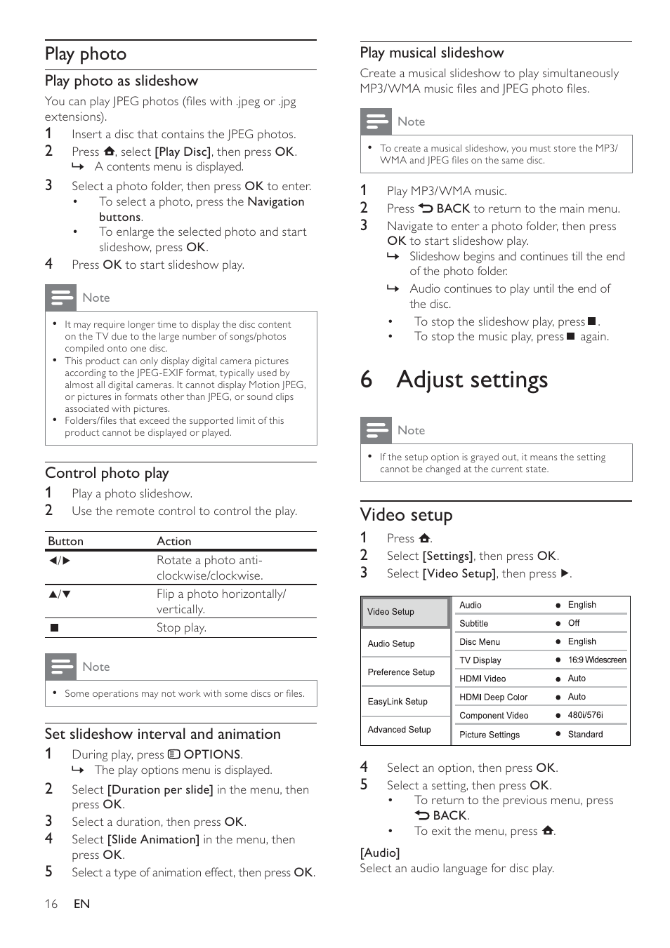 6 adjust settings, Video setup, Play photo | Philips BDP3008 User Manual | Page 15 / 30