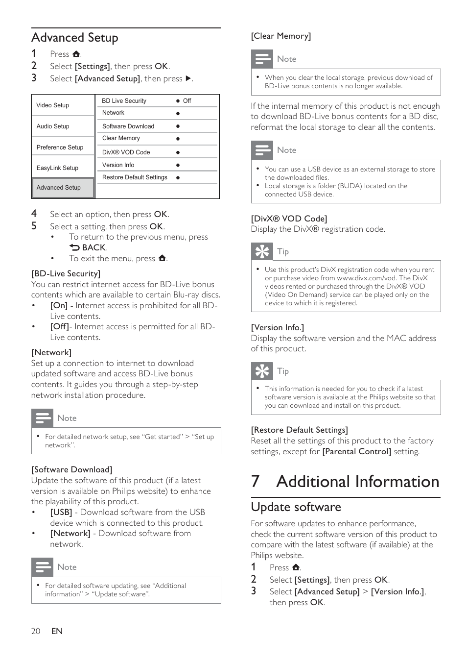 7 additional information, Update software, Advanced setup | Philips BDP3008 User Manual | Page 19 / 30