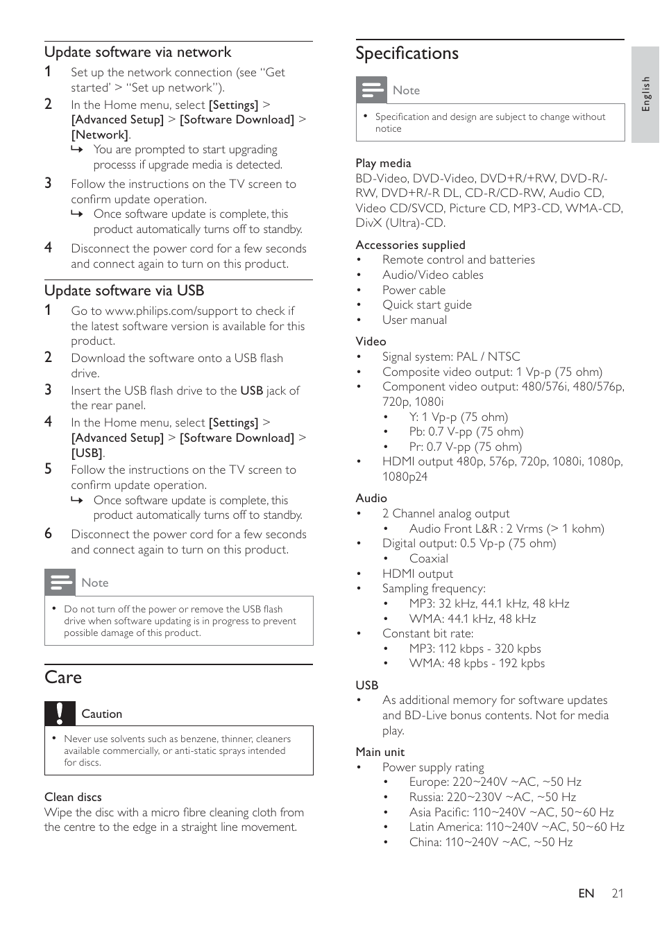 Speciﬁ cations, Care, Update software via network 1 | Update software via usb 1 | Philips BDP3008 User Manual | Page 20 / 30