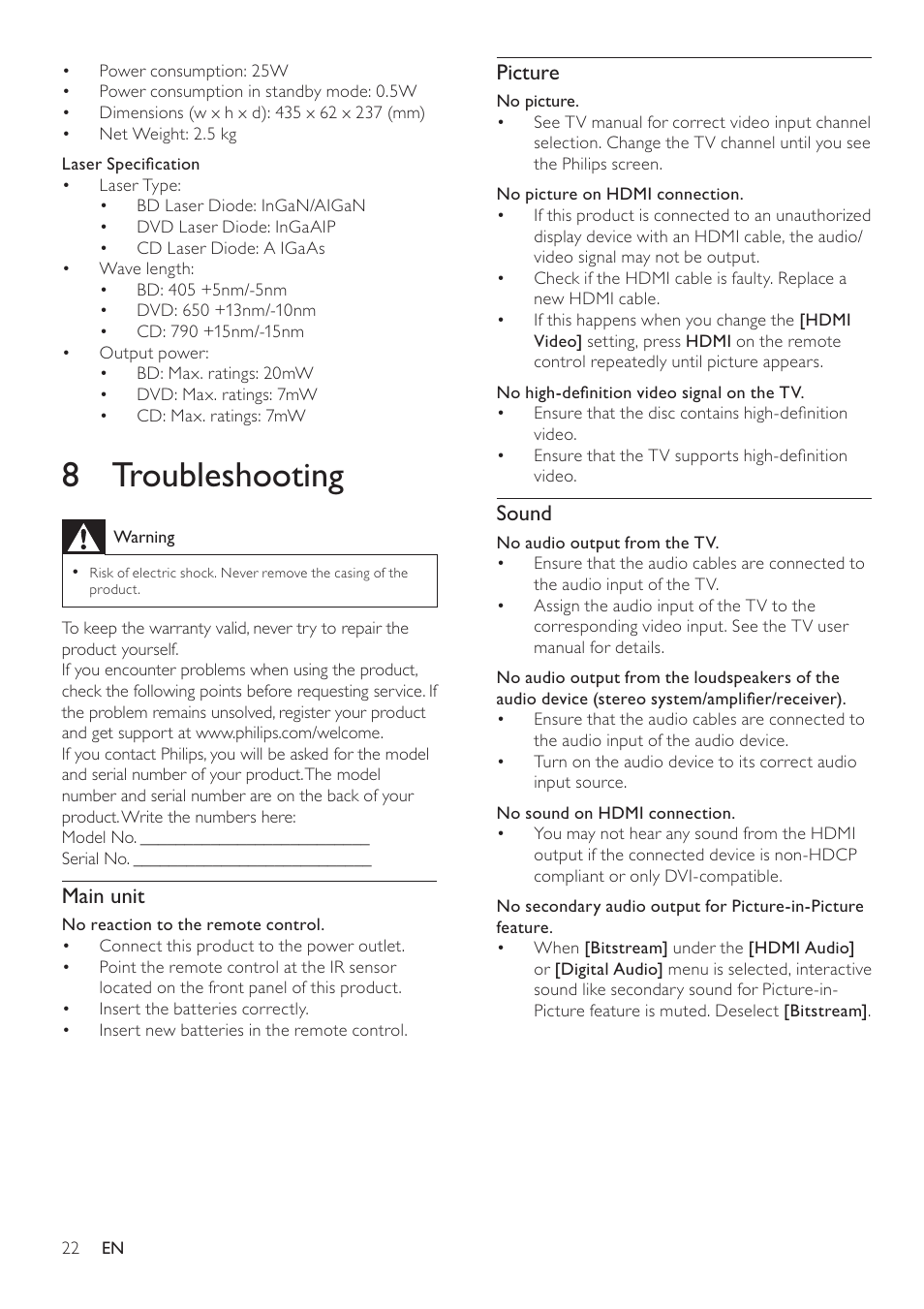 8 troubleshooting, Picture, Sound | Main unit | Philips BDP3008 User Manual | Page 21 / 30