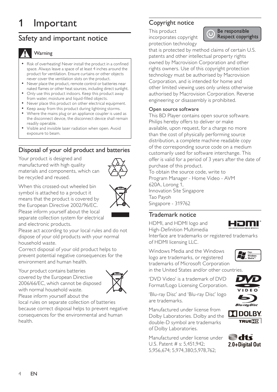 1 important, Safety and important notice, Copyright notice | Trademark notice, Disposal of your old product and batteries | Philips BDP3008 User Manual | Page 3 / 30