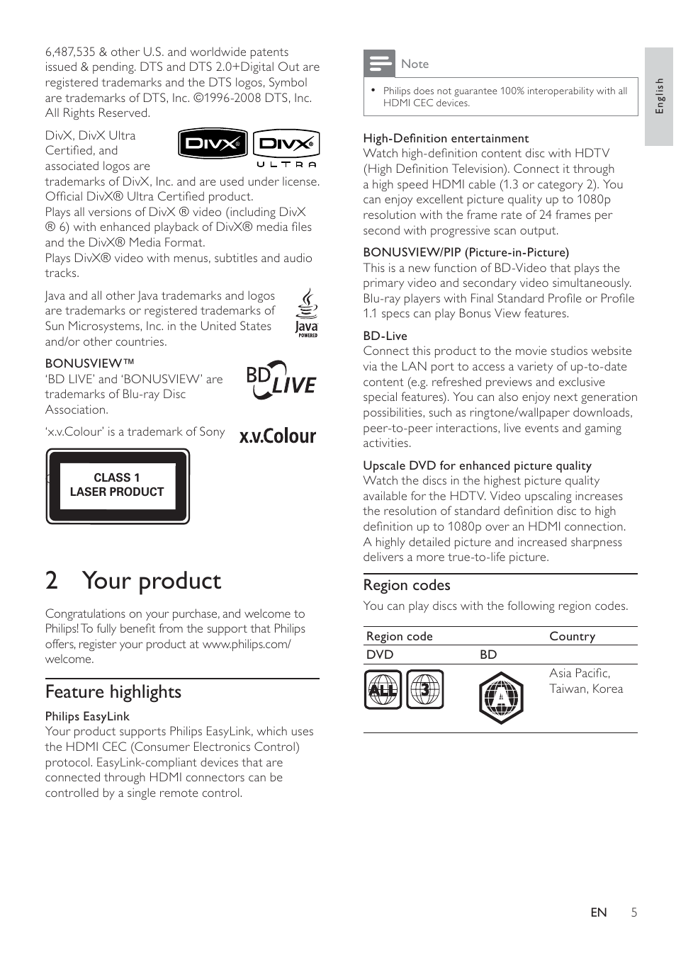 2 your product, Feature highlights | Philips BDP3008 User Manual | Page 4 / 30