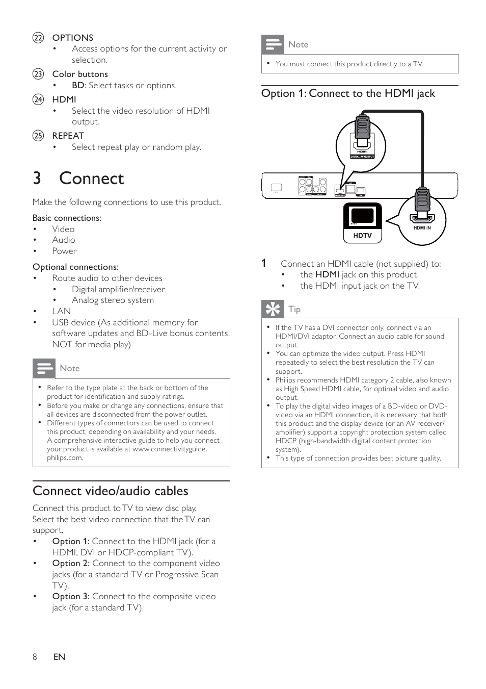 3 connect, Connect video/audio cables, Option 1: connect to the hdmi jack 1 | Philips BDP3008 User Manual | Page 7 / 30