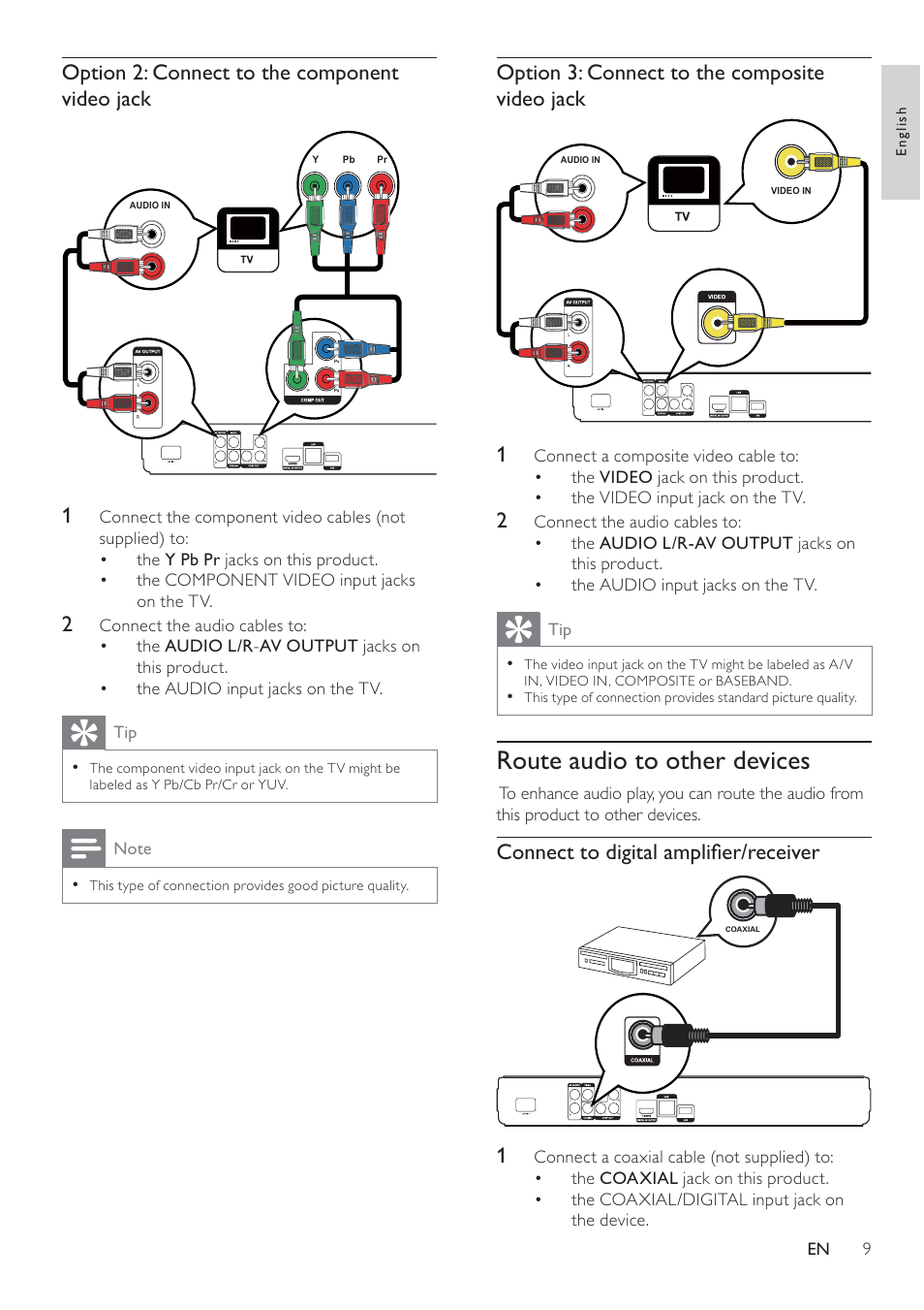 Route audio to other devices, Option 3: connect to the composite video jack 1, Connect to digital ampliﬁ er/receiver 1 | Option 2: connect to the component video jack 1 | Philips BDP3008 User Manual | Page 8 / 30