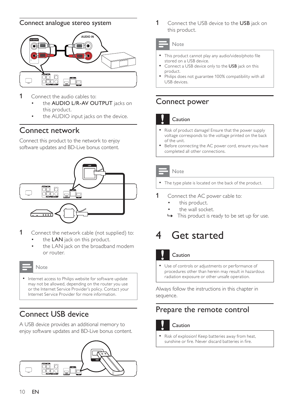 4 get started, Connect power, Prepare the remote control | Connect network, Connect usb device, Connect analogue stereo system 1 | Philips BDP3008 User Manual | Page 9 / 30