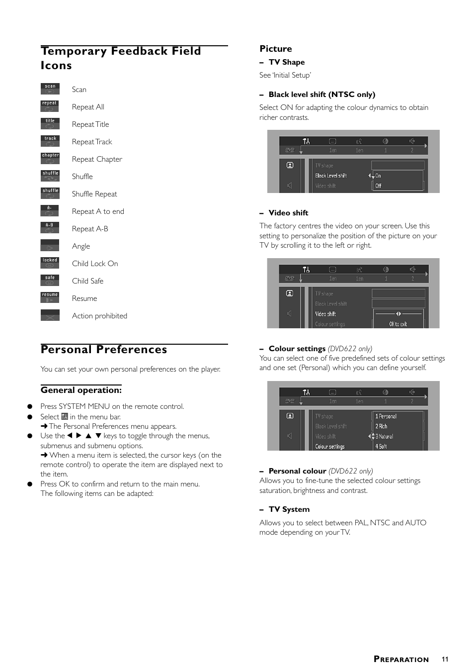 Temporary feedback field icons, Personal preferences | Philips DVD622/051 User Manual | Page 11 / 21