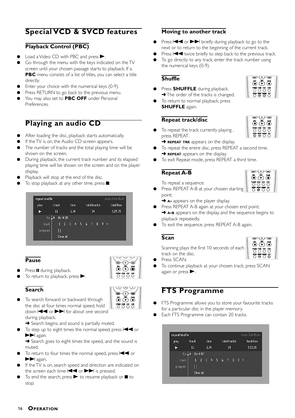 Special vcd & svcd features, Playing an audio cd, Fts programme | Philips DVD622/051 User Manual | Page 16 / 21