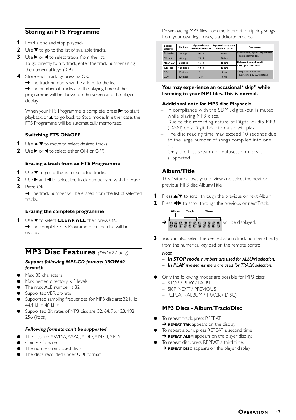 Mp3 disc features, Storing an fts programme, Album/title | Mp3 discs - album/track/disc | Philips DVD622/051 User Manual | Page 17 / 21