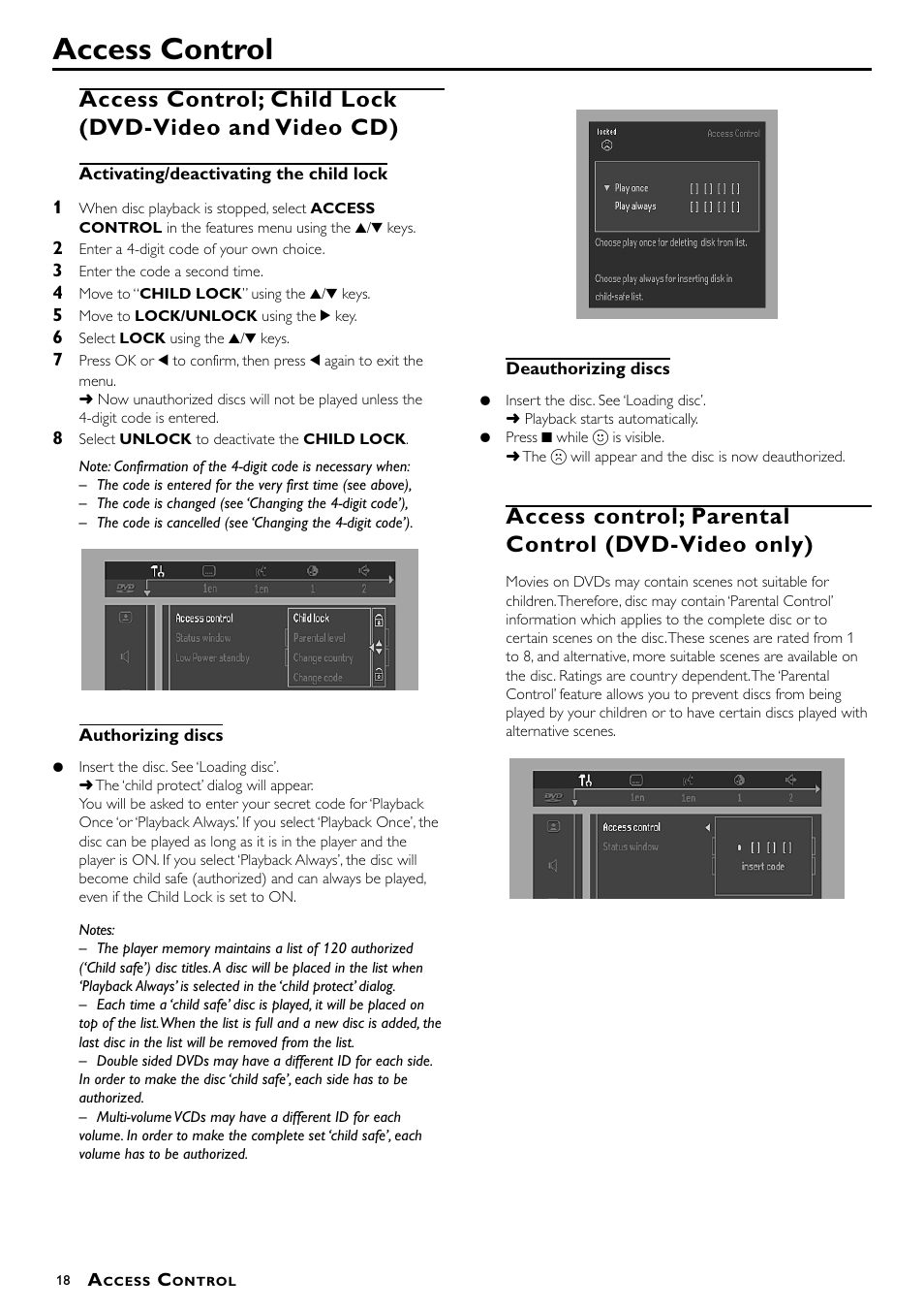 Access control, Access control; parental control (dvd-video only) | Philips DVD622/051 User Manual | Page 18 / 21