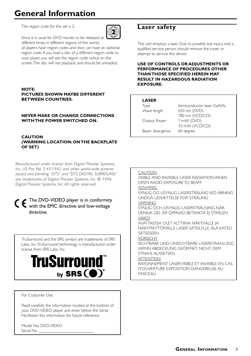 General information, 2laser safety | Philips DVD622/051 User Manual | Page 3 / 21