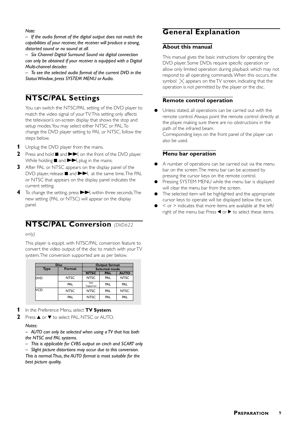 Ntsc/pal settings, Ntsc/pal conversion, General explanation | About this manual, Remote control operation, Menu bar operation | Philips DVD622/051 User Manual | Page 9 / 21