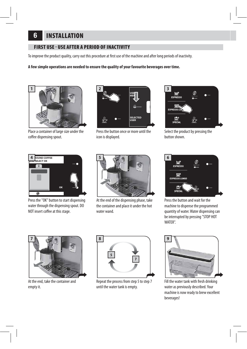 Installation, First use  use after a period of inactivity | Philips HD8946 User Manual | Page 10 / 60