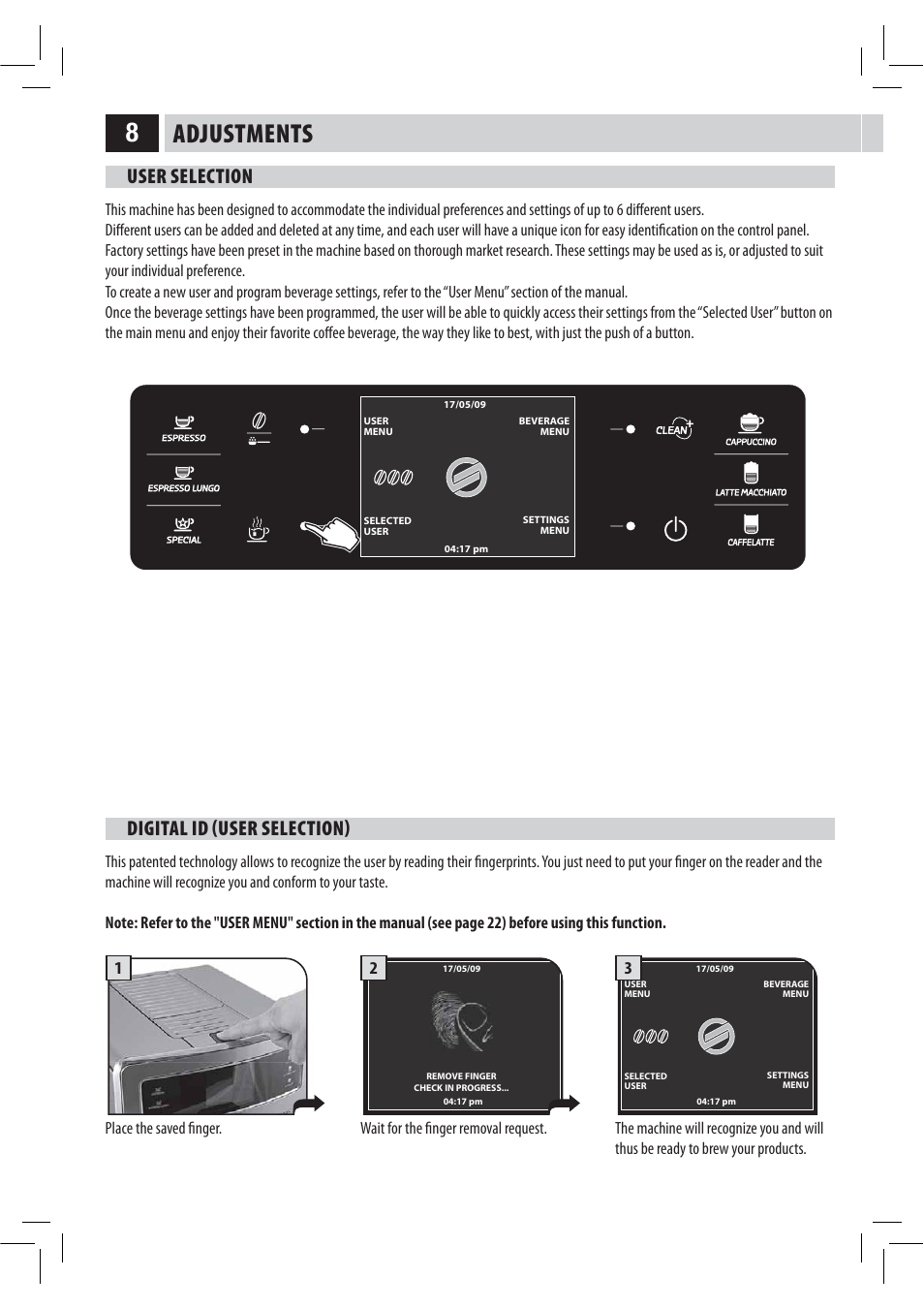 Adjustments, User selection, Digital id user selection | Philips HD8946 User Manual | Page 12 / 60