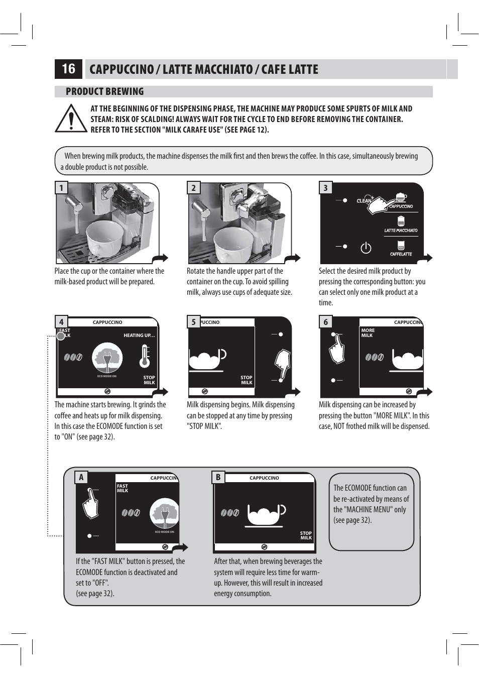 Cappuccino / latte macchiato / cafe latte, Product brewing | Philips HD8946 User Manual | Page 20 / 60