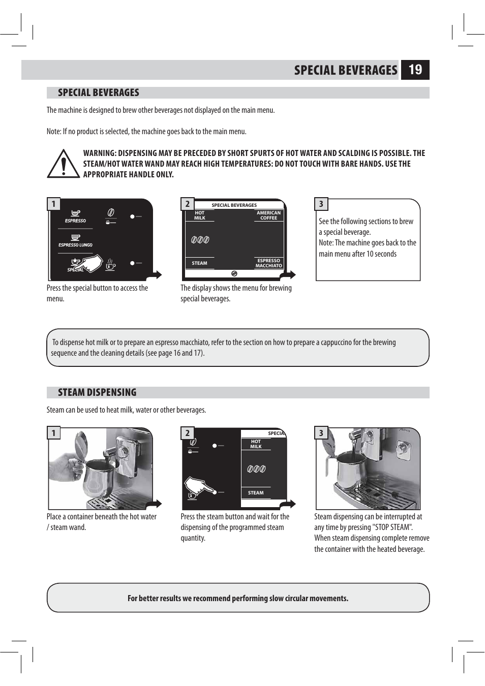 Special beverages, Steam dispensing | Philips HD8946 User Manual | Page 23 / 60