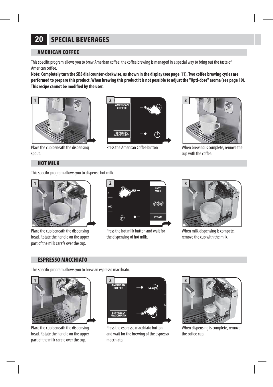 Special beverages, American coffee, Hot milk | Espresso macchiato | Philips HD8946 User Manual | Page 24 / 60
