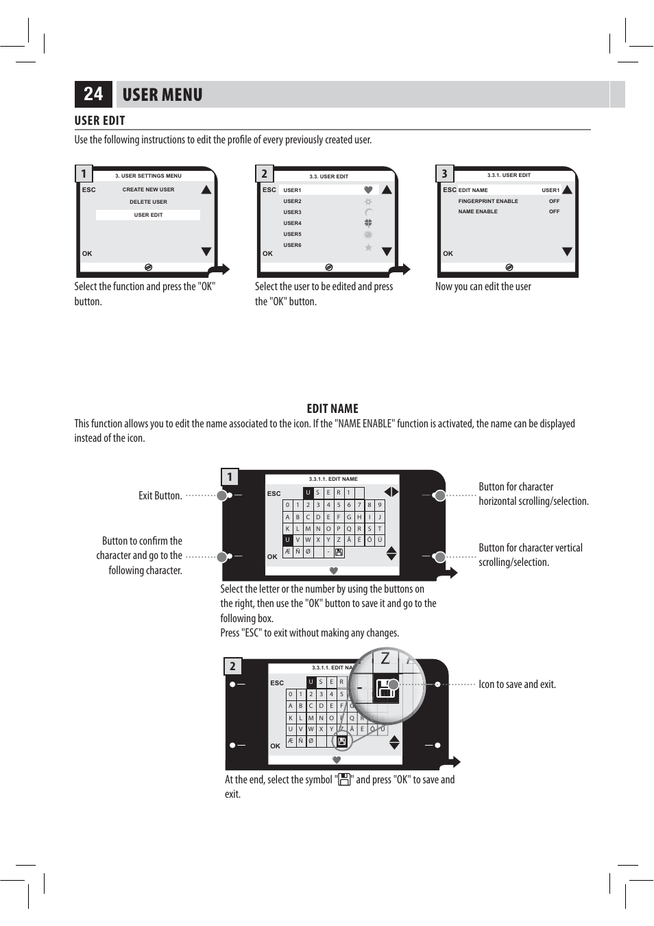 User menu, User edit, Edit name | Philips HD8946 User Manual | Page 28 / 60