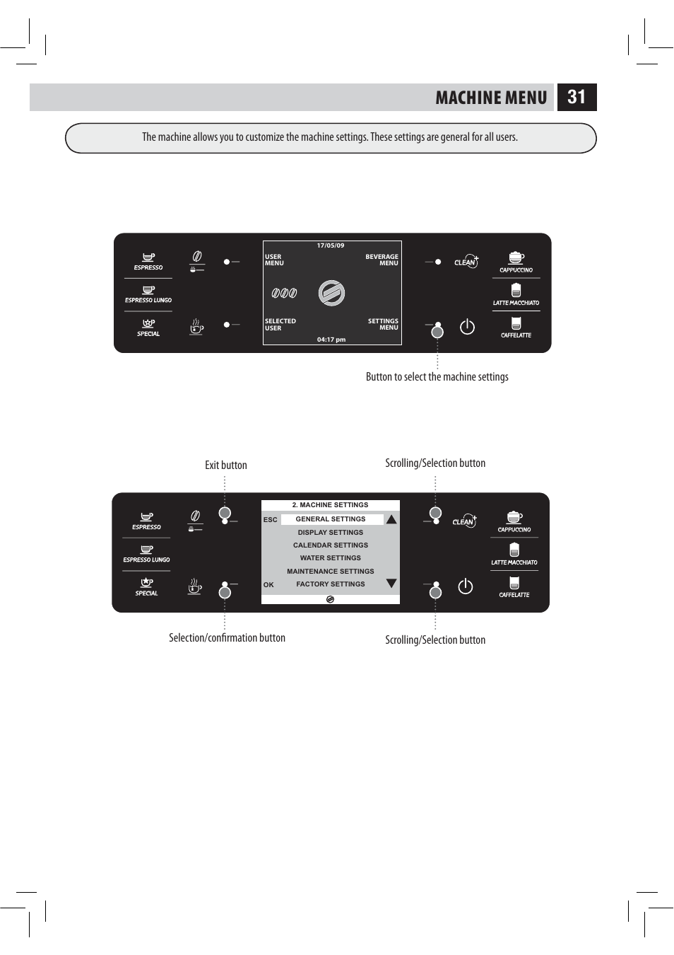 Machine menu, Scrolling/selection button | Philips HD8946 User Manual | Page 35 / 60