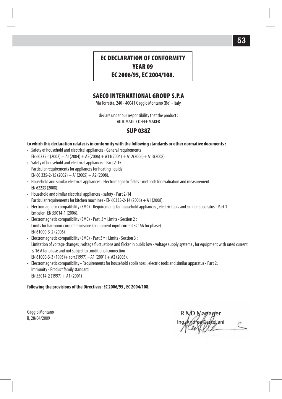 Saeco international group s.p.a, Sup 038z | Philips HD8946 User Manual | Page 57 / 60