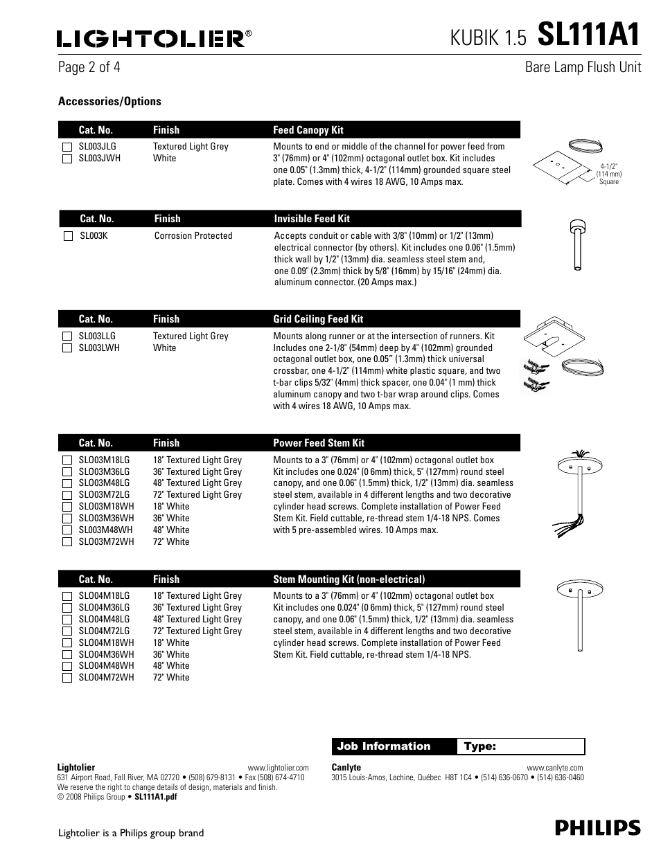 Sl111a1, Kubik 1.5, Page 2 of 4 bare lamp flush unit | Philips Kubik SL111A1 User Manual | Page 2 / 4