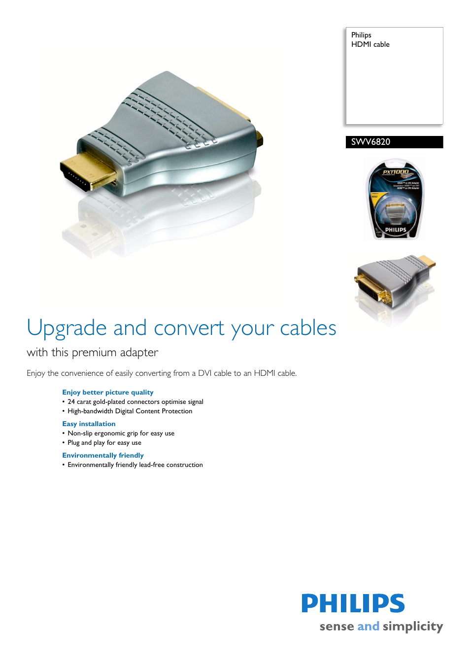 Philips HDMI Cable SWV6820/10 User Manual | 2 pages