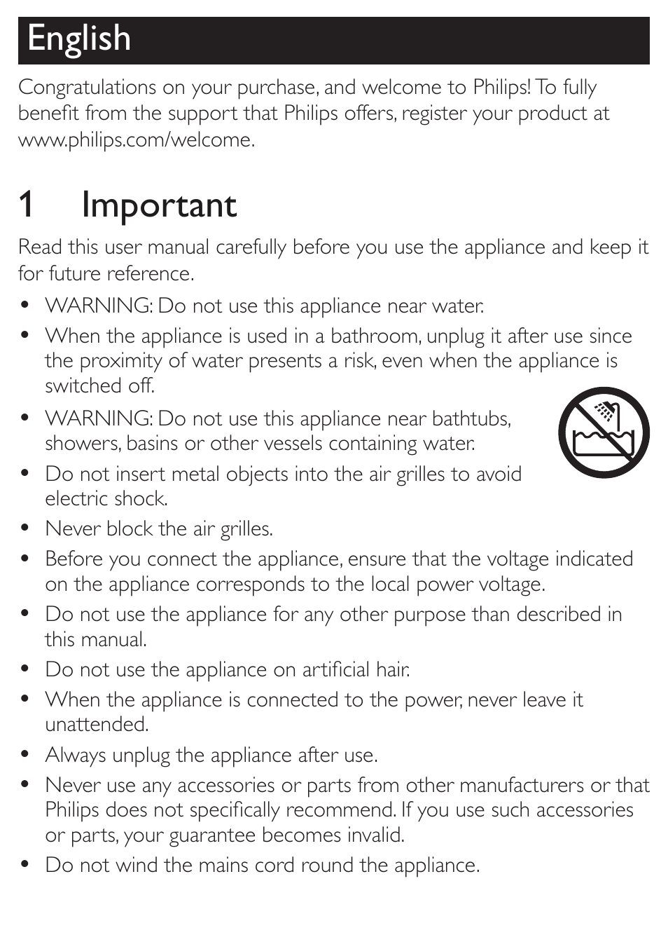English, 1 important | Philips HP8195/00 User Manual | Page 3 / 6