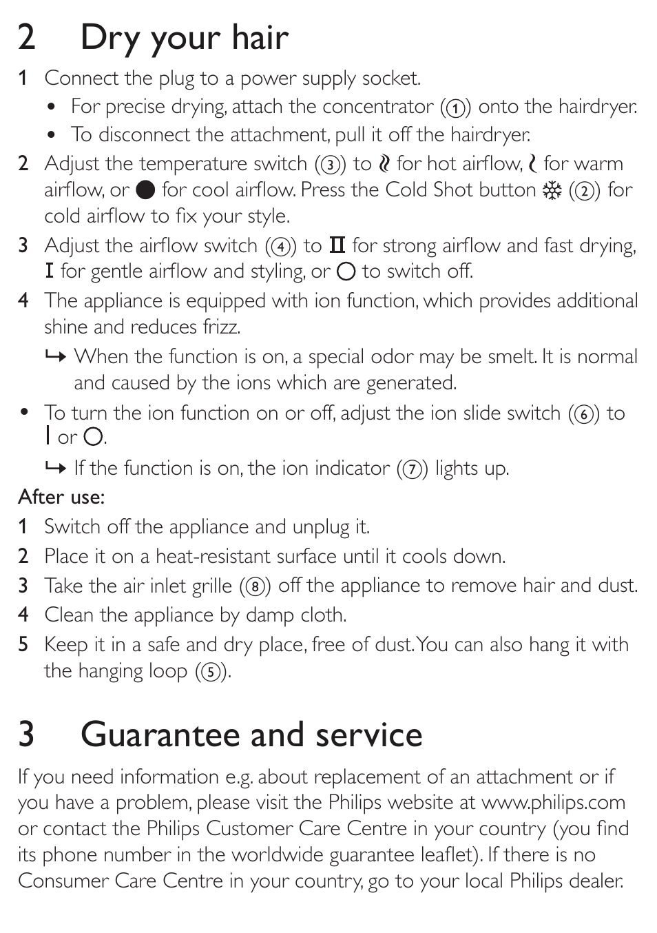 2 dry your hair, 3 guarantee and service | Philips HP8195/00 User Manual | Page 5 / 6