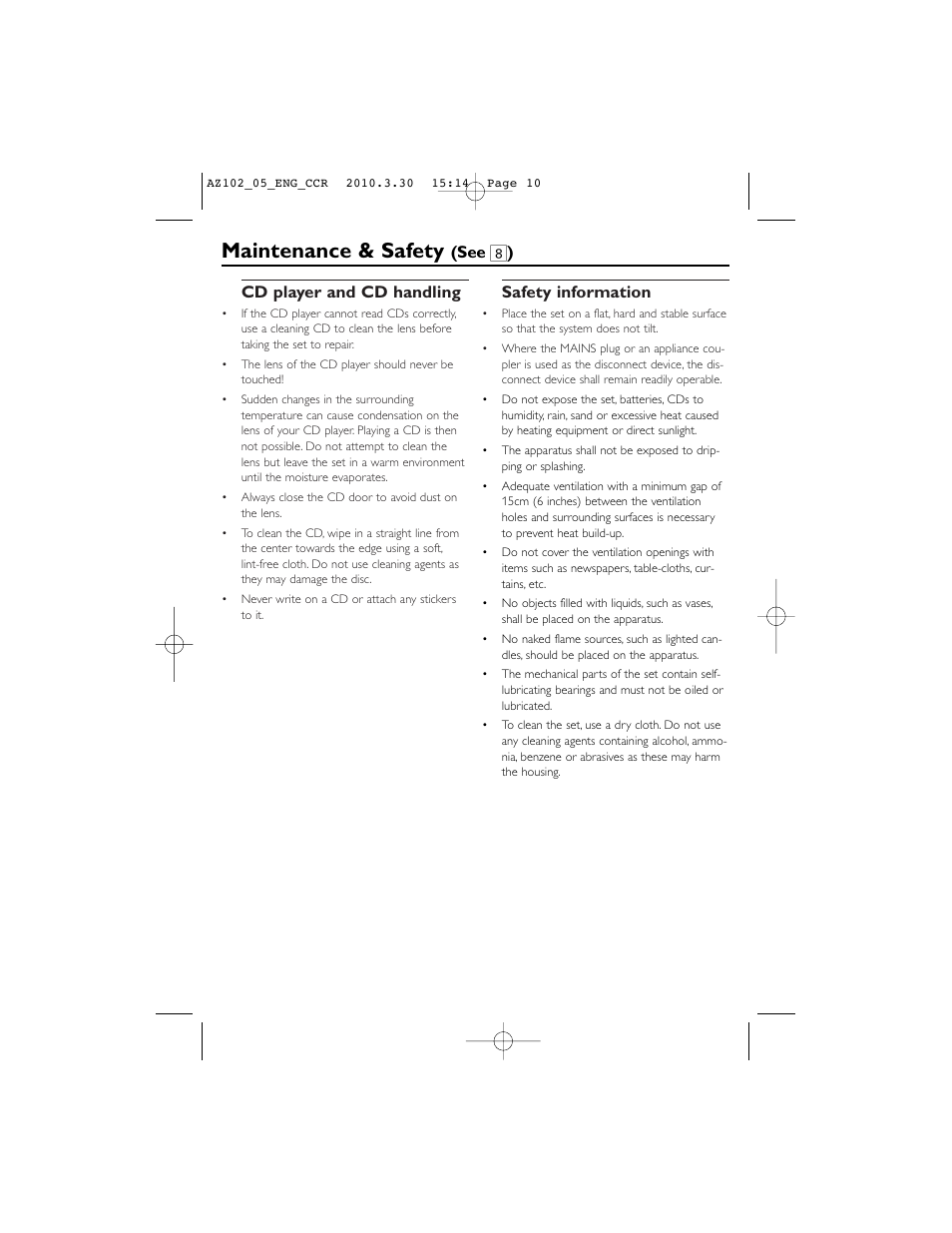 Maintenance & safety, Cd player and cd handling, Safety information | See 8 ) | Philips CD SOUNDMACHINE AZ102N User Manual | Page 10 / 13