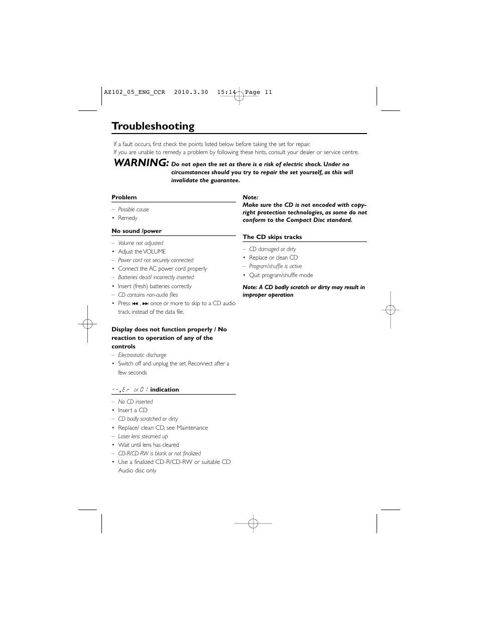 Troubleshooting, Warning | Philips CD SOUNDMACHINE AZ102N User Manual | Page 11 / 13