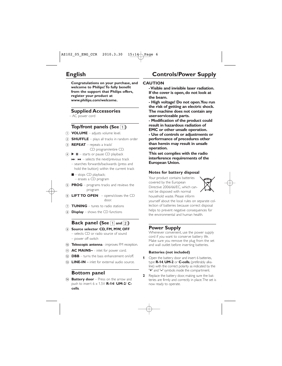 English controls/power supply, Supplied accessories, Top/front panels | Back panel, Bottom panel, Power supply | Philips CD SOUNDMACHINE AZ102N User Manual | Page 6 / 13