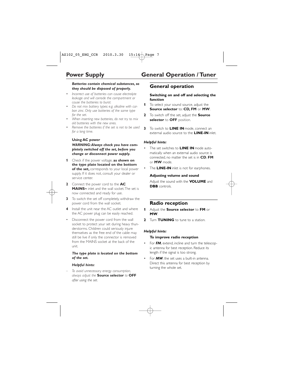 Power supply general operation / tuner, General operation, Radio reception | Philips CD SOUNDMACHINE AZ102N User Manual | Page 7 / 13