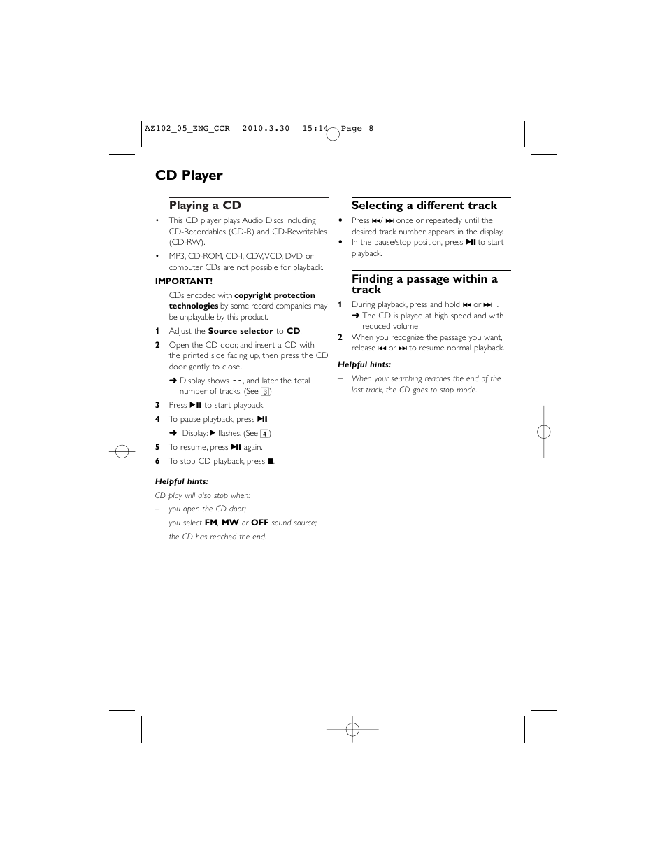 Cd player, Playing a cd, Selecting a different track | Finding a passage within a track | Philips CD SOUNDMACHINE AZ102N User Manual | Page 8 / 13