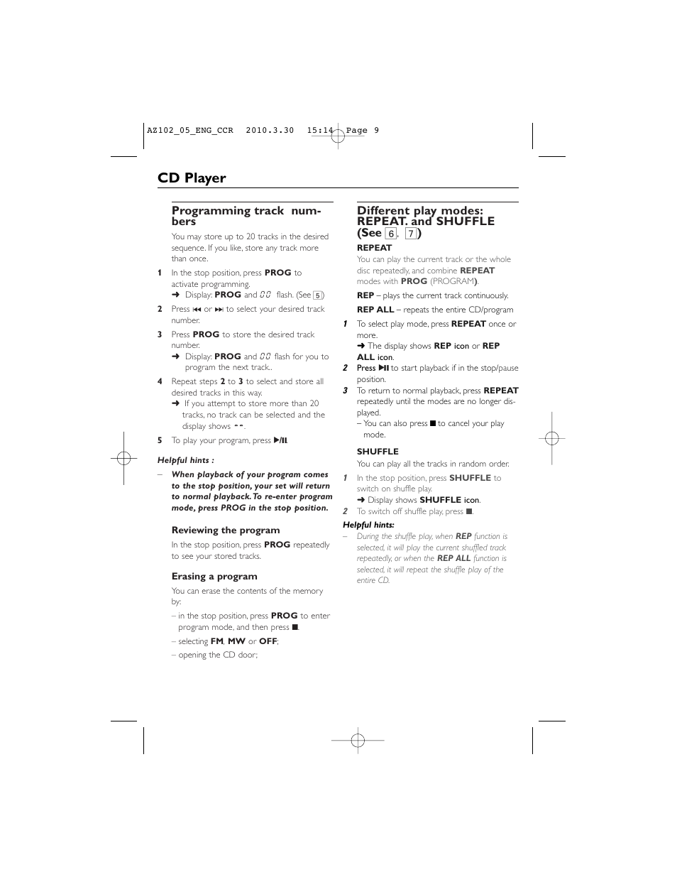 Cd player, Programming track num- bers, Different play modes: repeat. and shuffle ( see 6 | Philips CD SOUNDMACHINE AZ102N User Manual | Page 9 / 13