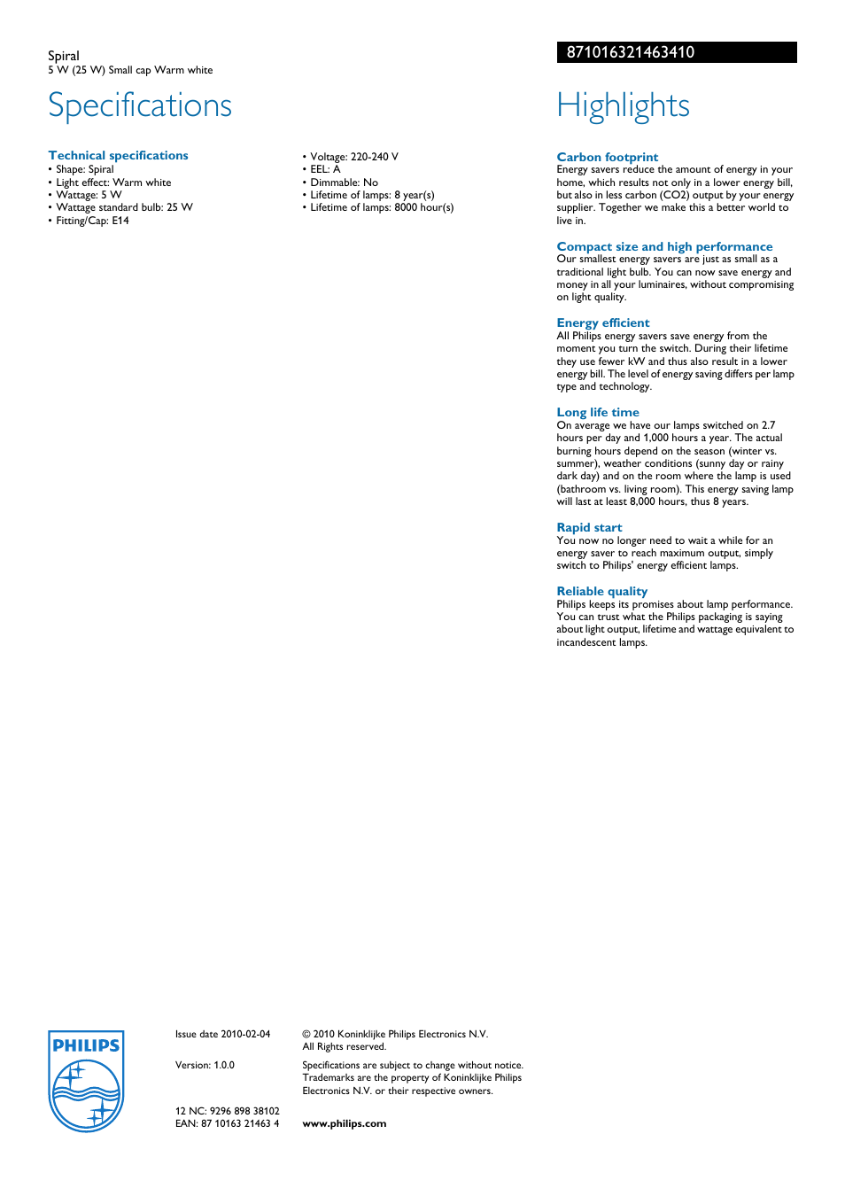 Specifications, Highlights | Philips Indoor Furnishings User Manual | Page 2 / 2