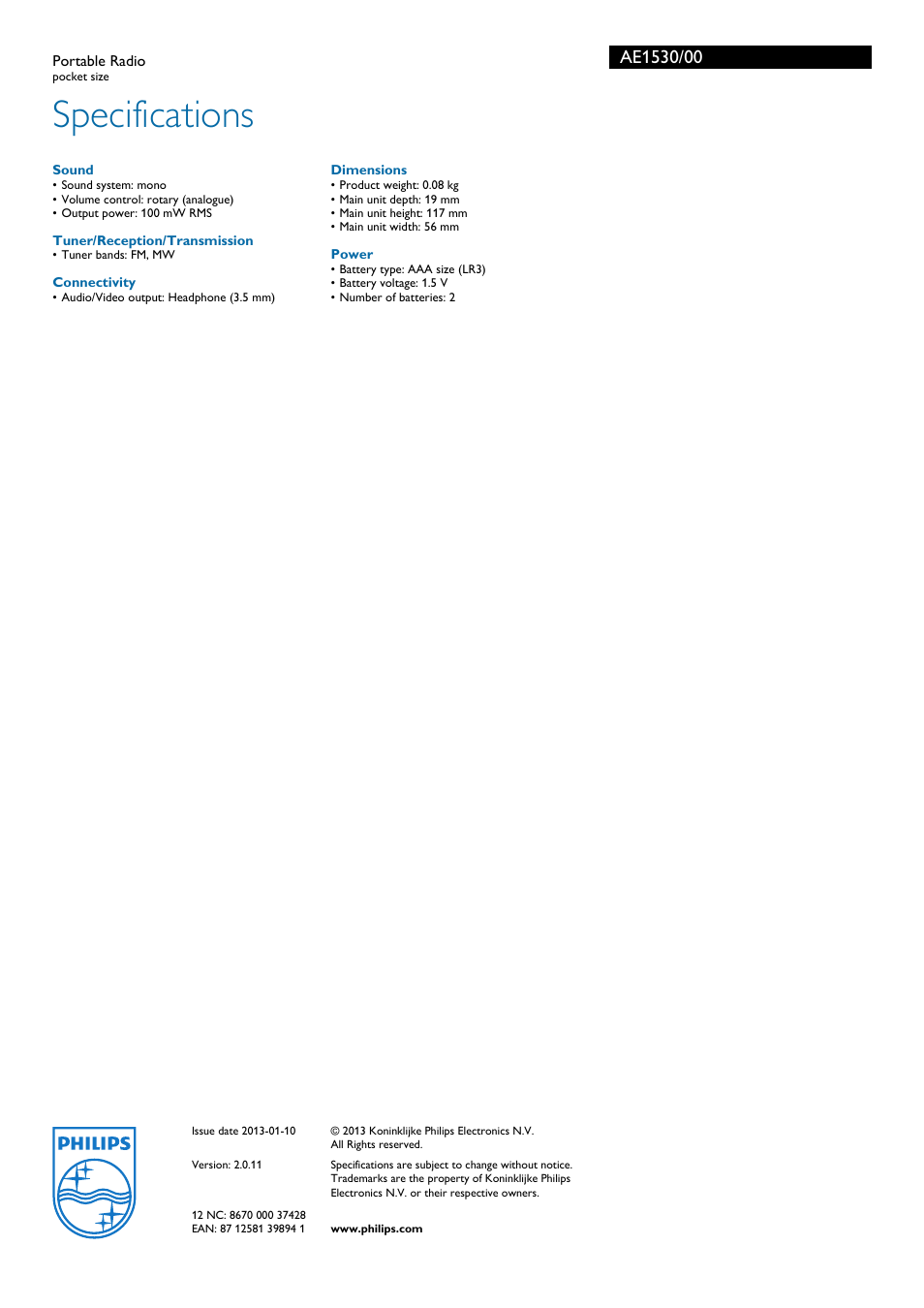 Specifications | Philips AE1530/00 User Manual | Page 2 / 2