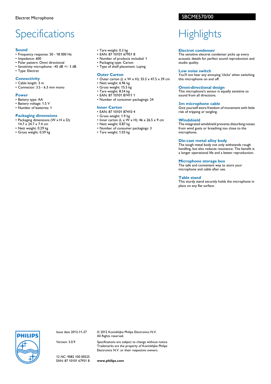 Specifications, Highlights | Philips SBCME570 User Manual | Page 2 / 2