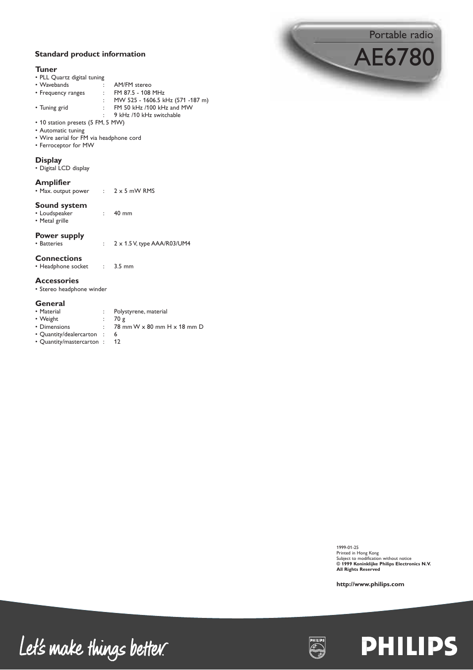 Ae6780, Portable radio | Philips AE6780 User Manual | Page 2 / 2