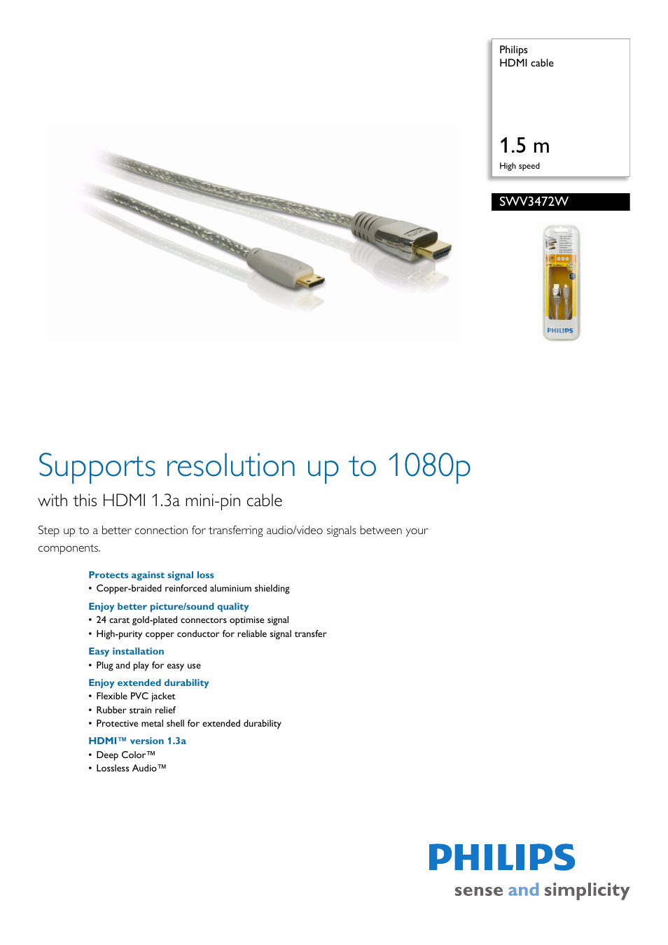 Philips HDMI Cable SWV3472W/10 User Manual | 2 pages