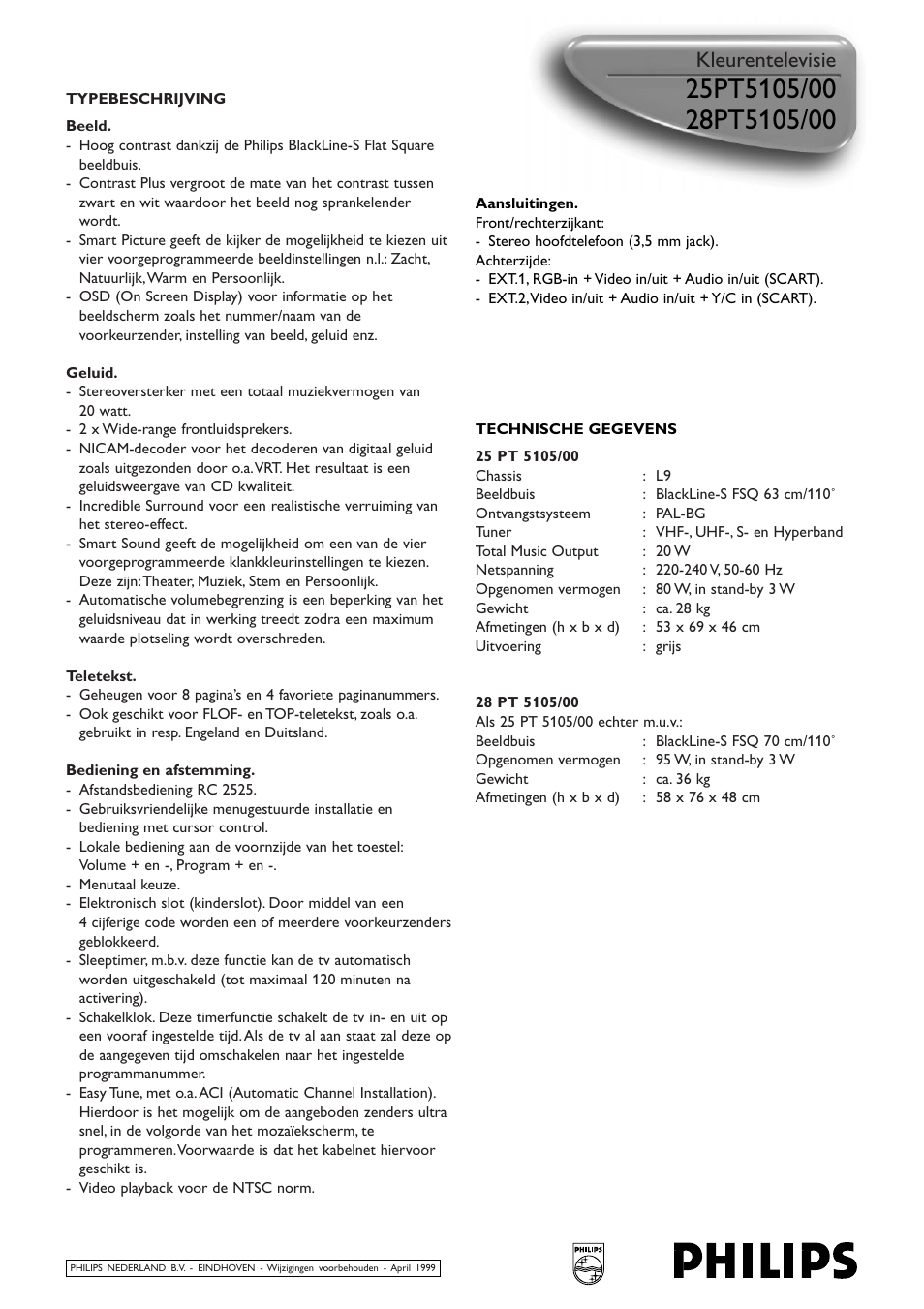 Philips, Kleurentelevisie | Philips 25PT5105/00 User Manual | Page 2 / 2