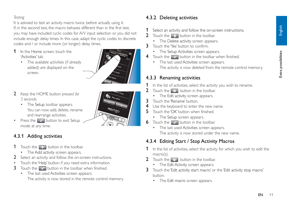 1 adding activities 1, 2 deleting activities 1, 3 renaming activities 1 | 4 editing start / stop activity macros 1 | Philips SRT9320/27 User Manual | Page 11 / 26