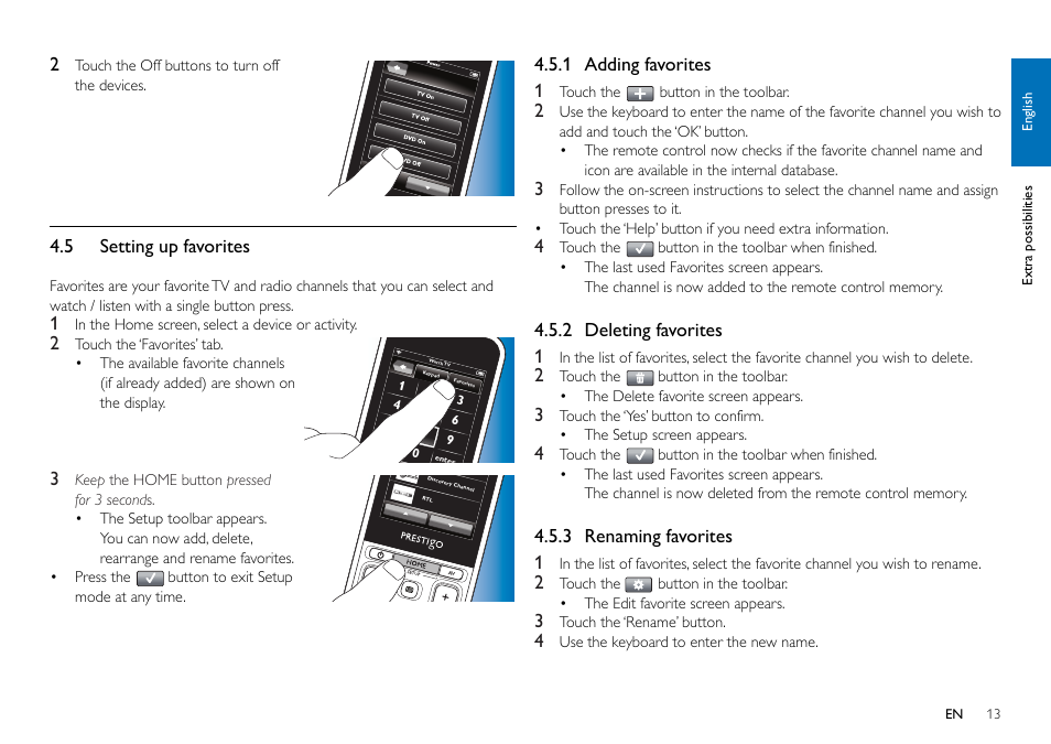 5 setting up favorites, 1 adding favorites 1, 2 deleting favorites 1 | 3 renaming favorites 1 | Philips SRT9320/27 User Manual | Page 13 / 26