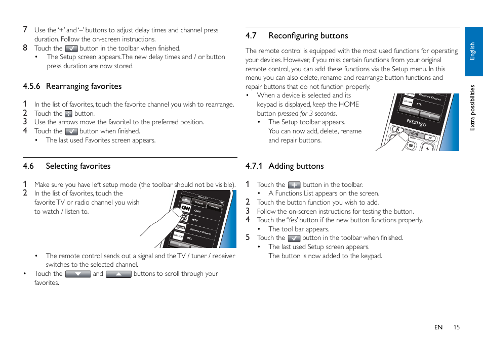 6 selecting favorites (use mode), 7 reconfi guring buttons, 6 rearranging favorites 1 | 6 selecting favorites 1, 1 adding buttons 1 | Philips SRT9320/27 User Manual | Page 15 / 26