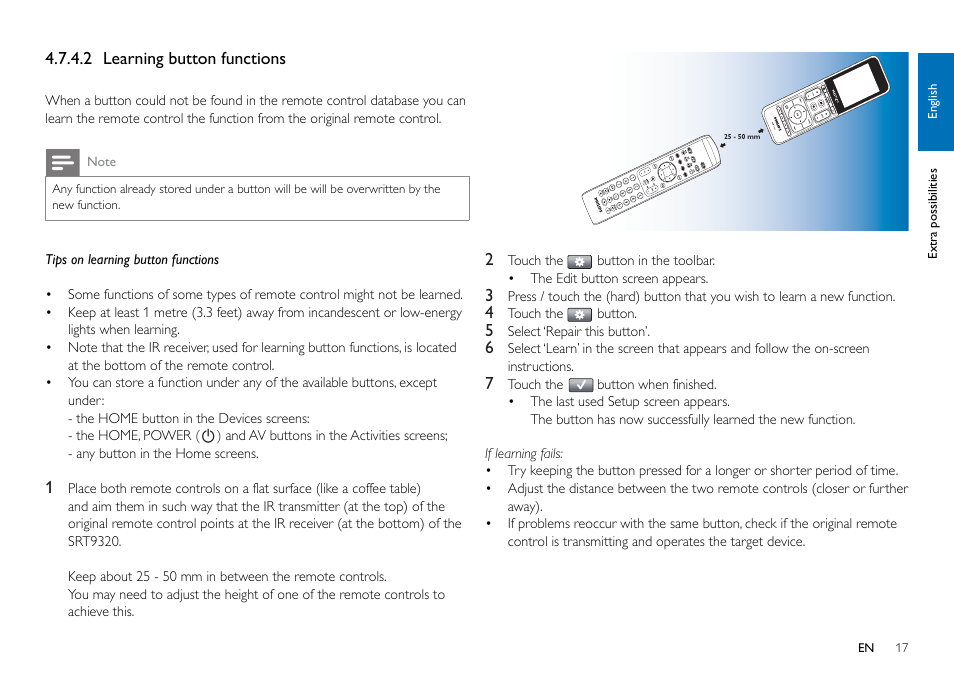 And / or chapter, 2 ‘learning button functions | Philips SRT9320/27 User Manual | Page 17 / 26