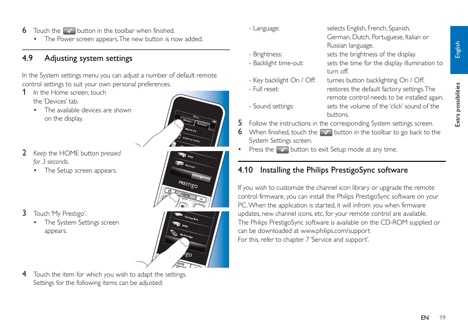 9 adjusting system settings, 10 installing philips prestigosync software, 10 installing the philips prestigosync software | Philips SRT9320/27 User Manual | Page 19 / 26