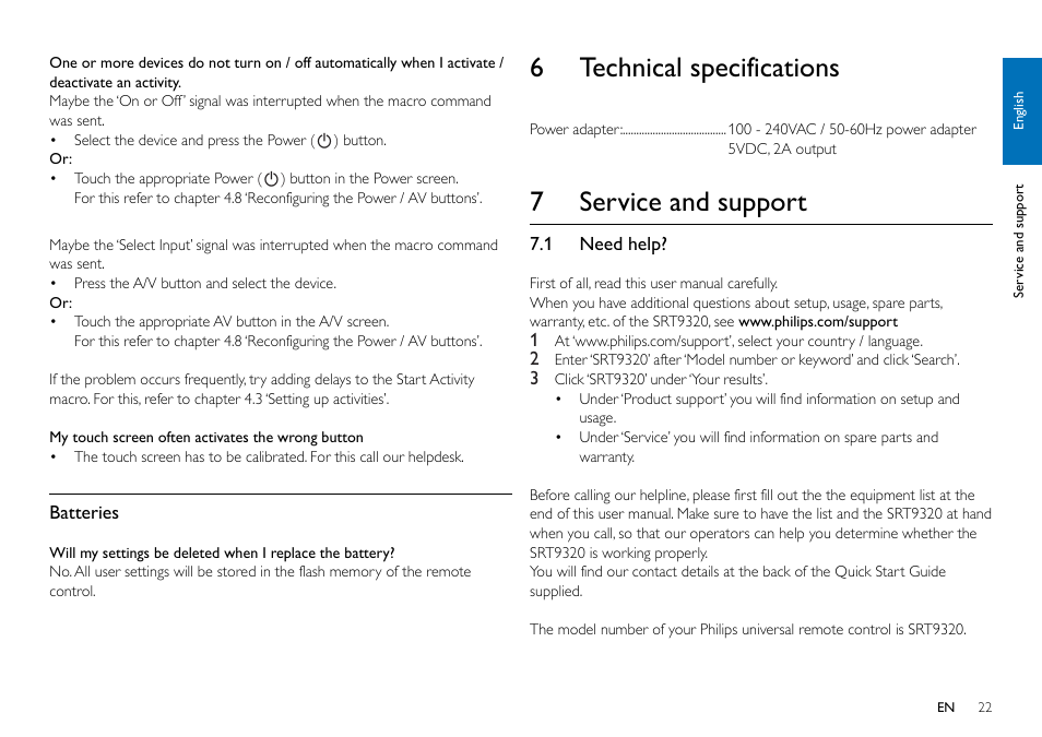 6 technical specifi cations, 7 service and support, 1 need | Help, 6 technical specifications | Philips SRT9320/27 User Manual | Page 22 / 26